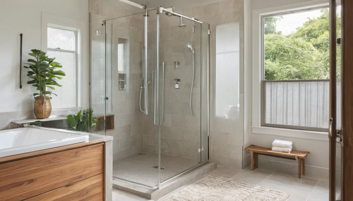 A bright, accessible walk-in shower with a bench and grab bars in a home in Eagle Harbor